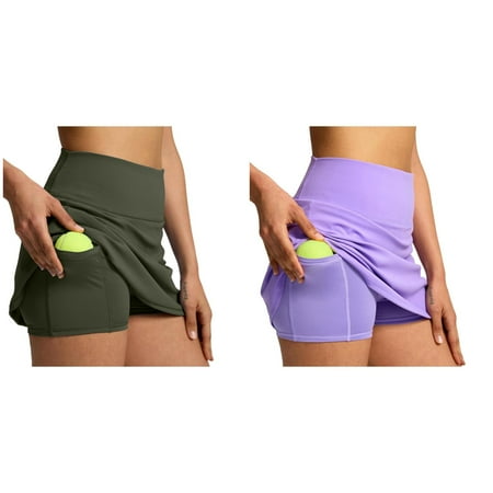 (2-Pack) Kcodviy Women s Double Layered Pleats Spandex Shorts Women Tennis Skirts for Women Women s Short Panties High Waisted Skirt with Shorts Pockets Workout athletic Skort for Summer Casual Spo