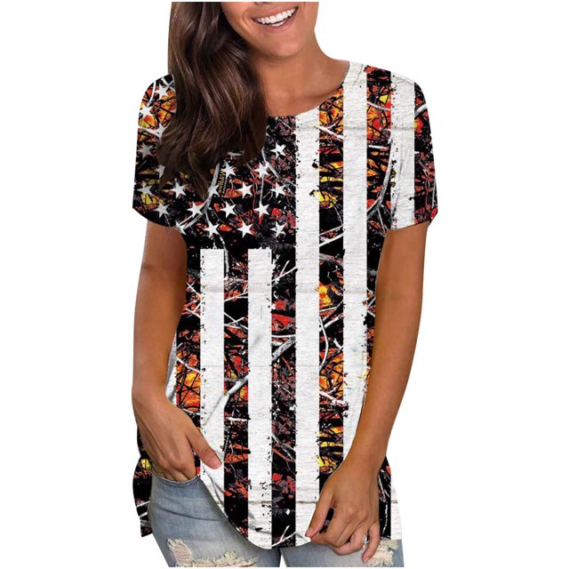 Día de la Independencia Mujer Casual Sexy Moda Verano Camiseta de cuello redondo Impreso Manga corta Tops Blusa Pompotops hkajfhjk467699