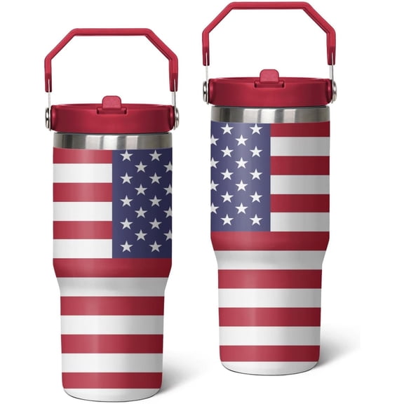 30 oz American Flag 4th of July Tumbler with Handle and Flip Straw, Gifts For Memorial Day Veterans day Independence day, Patriots Coffee Mug Water Bottle, Labor Day Stainless Steel Insulated Cup