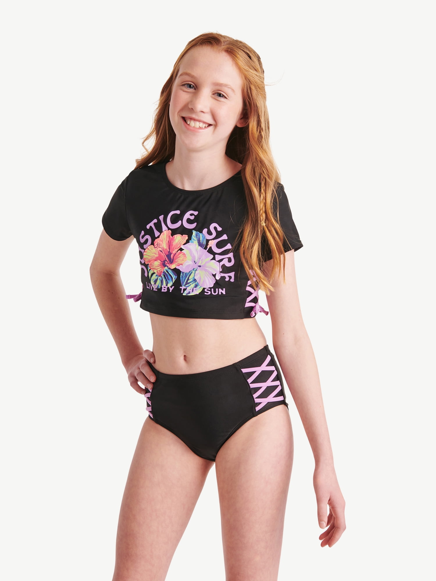 Justice Girls Short Sleeve Rashgaurd Swimsuit Set, Sizes XSXL