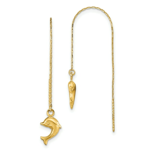 14k Yellow Gold Sea Dolphin Ocean Fish Beach Nautical Threader Earrings Drop Dangle Animal Life