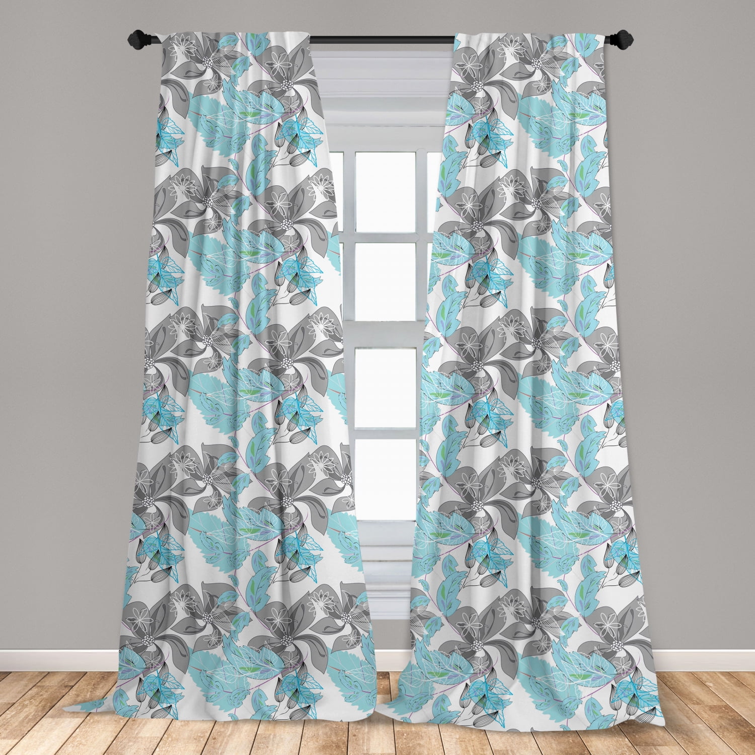 Grey Blue Curtains 2 Panels Set, Blooming Abstract Flowers with Pastel