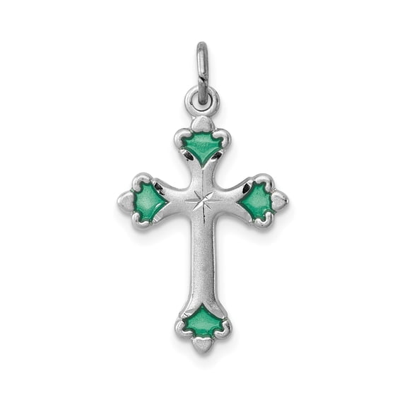 Sterling Silver Green Enamel Cross Pendant Necklace for Men and Women with Emerald Inlay Patonce Design Religious Spiritual Jewelry Faith Symbol Starburst Charm