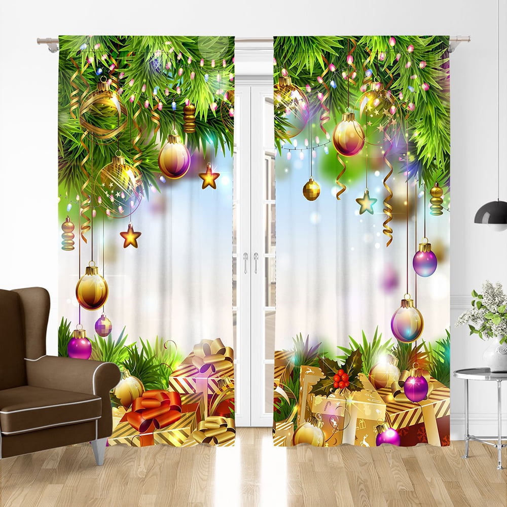 Goory 2PC Christmas Print Home Decor Drapes Linen Textured Living Room ...