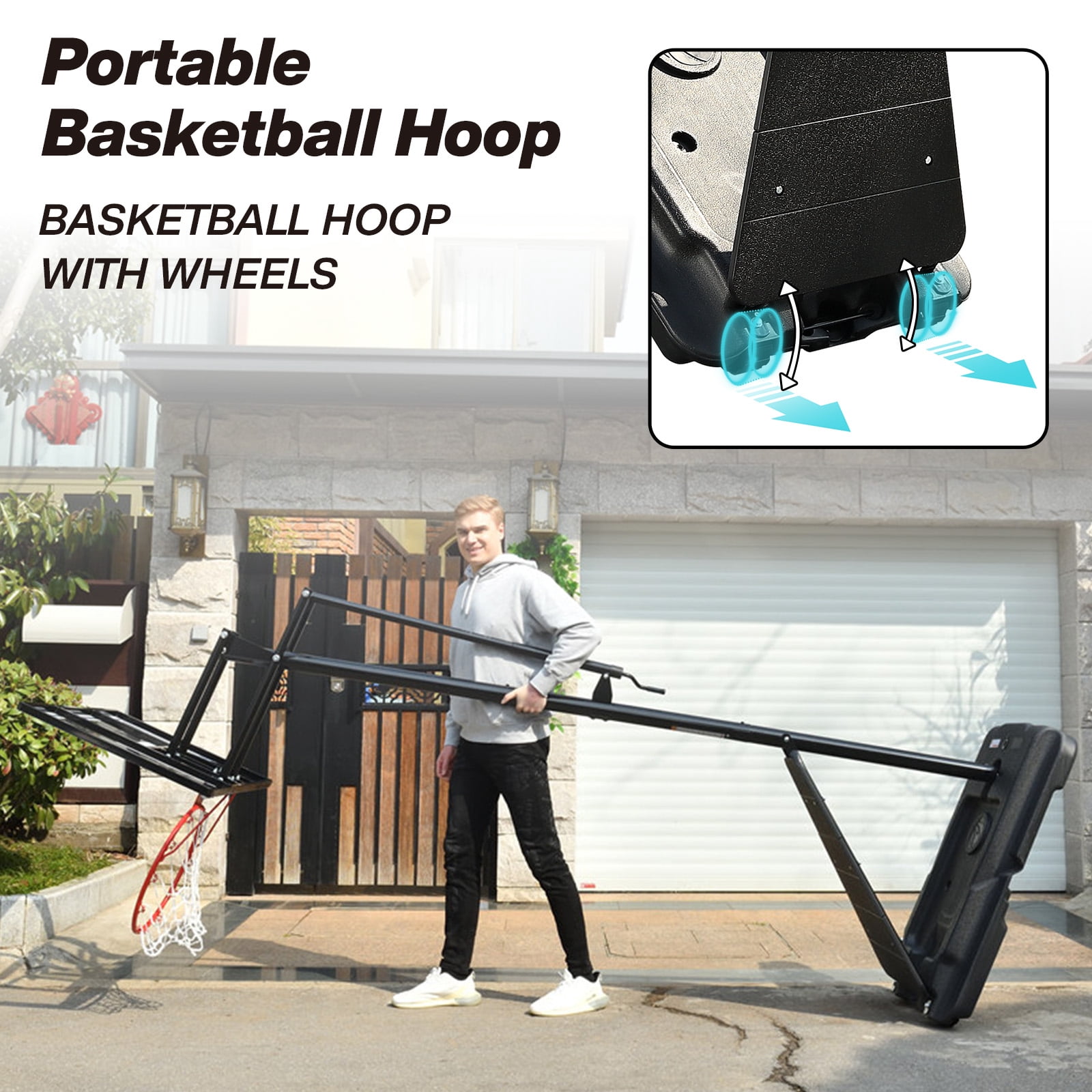 Basketball Hoop Outdoor,Portable Basketball Hoop with Wheels,5.3-10 feet Height Adjustable Basketball Hoop with 44 inch Backboard