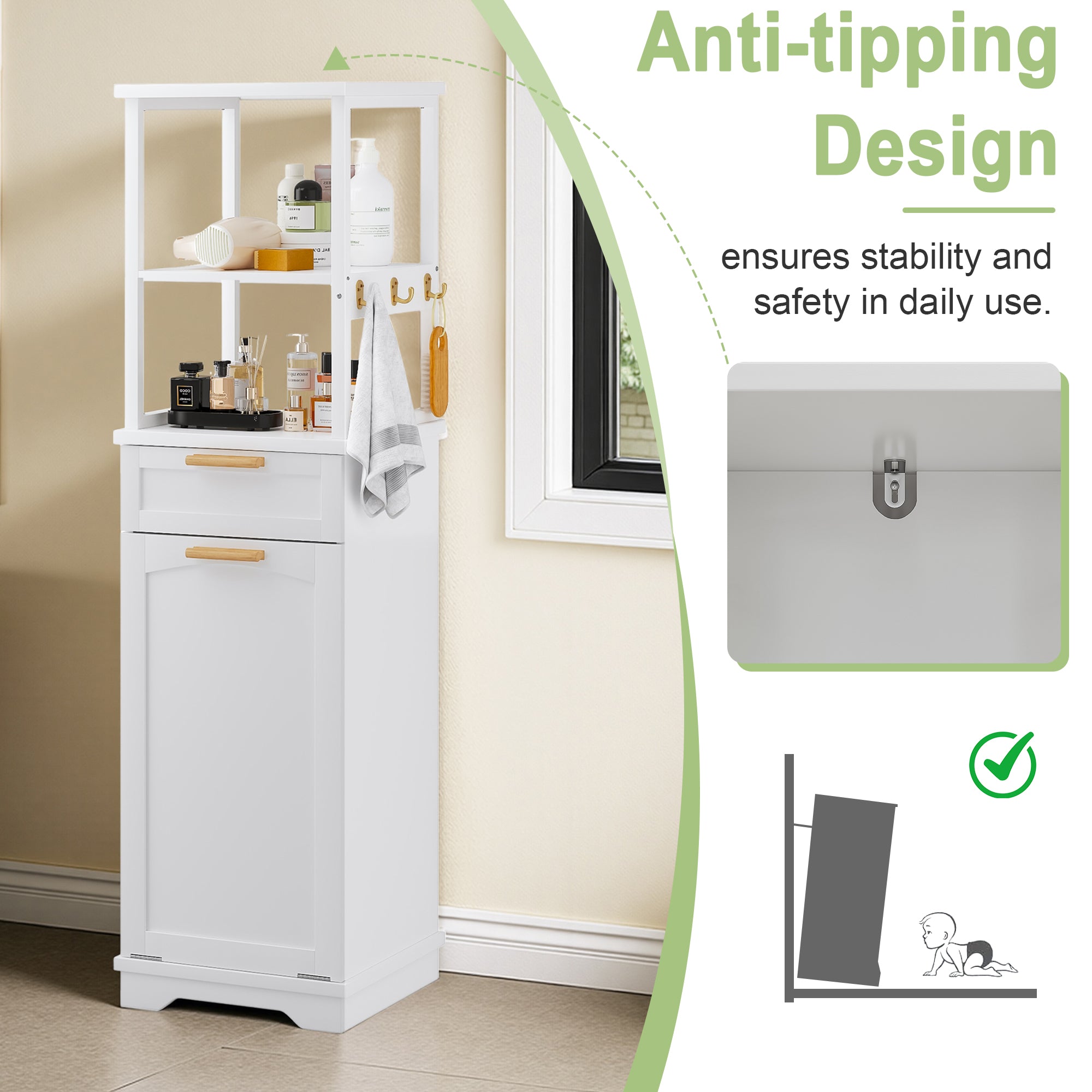 VECELO Tilt Out Laundry Hamper Cabinet, Hidden Drawer and 3 Hooks,2-Tier Storage Shelves with Removable Laundry Basket 53" Tall Bathroom Storage Organizer for Laundry Room, White