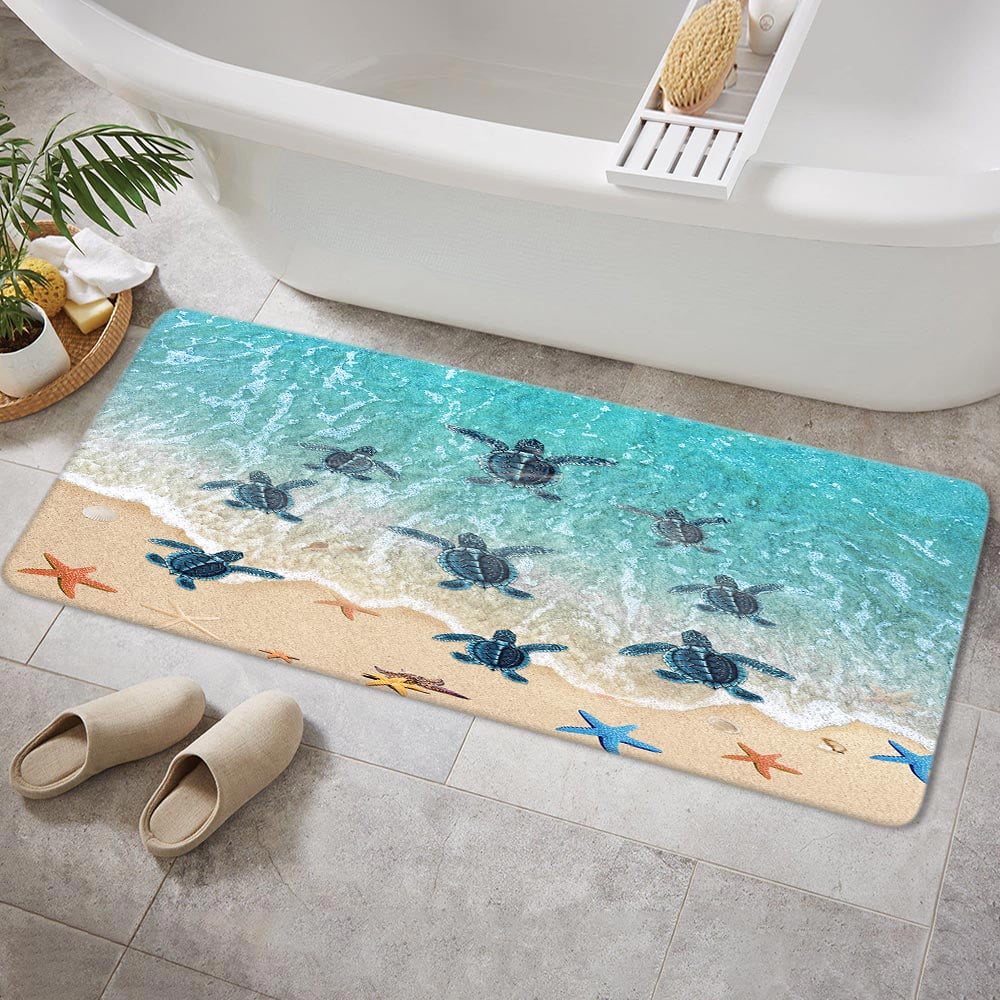 Sea Turtle Bathroom Rug, Nautical Turtle Non Slip Bath Mat with Underwater Seashell Bathroom Accessories Shower Mat Marine Animals Blue Ocean Kitchen Rug Non Slip Mat Soft for Toilet Tub RV (17"X48")