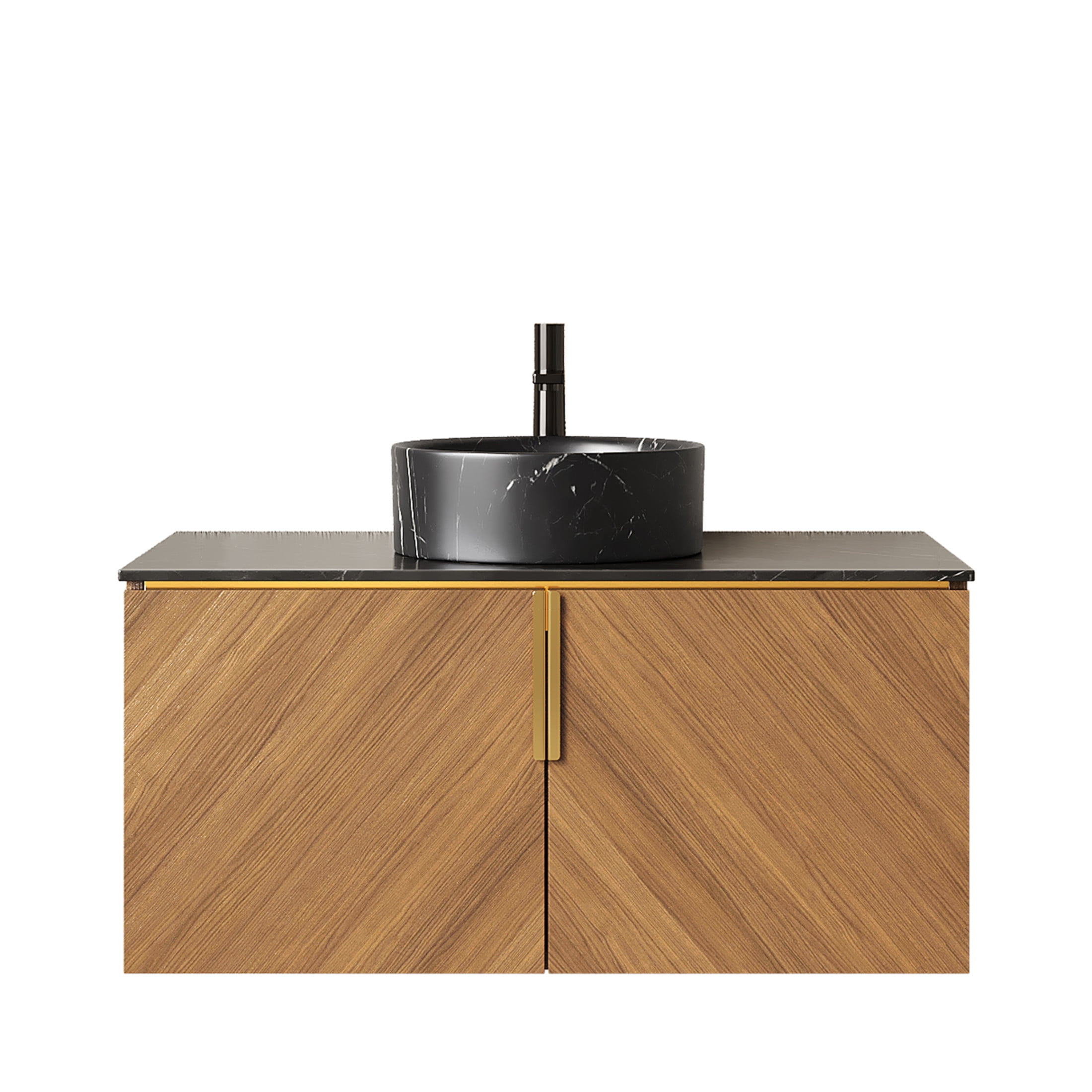 Noble House ARAI 36" Floating Bathroom Vanity, Sintered Stone Top Storage Cabinet with Black Round Vessel Sink, Oak
