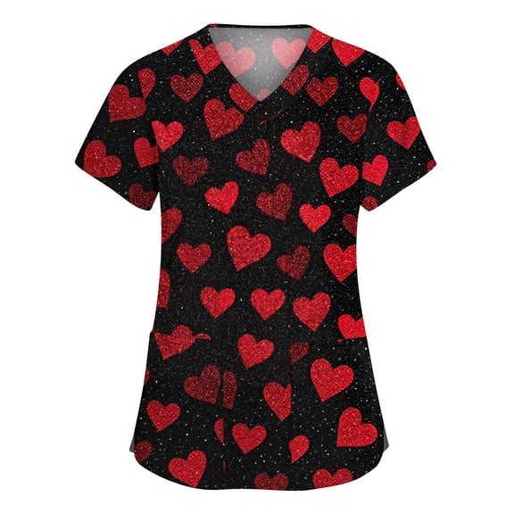 Dwralegc Valentines Day Scrub Tops Women Plus Size Lightweight Top with 2 Pockets V Neck Love Heart Print Short Sleeve Nursing Workwear Stretch Red 4XL