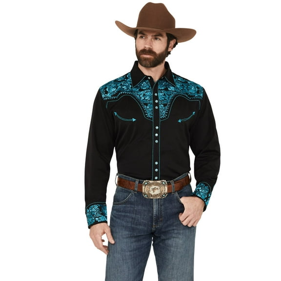 Scully Men's Gunfighter Embroidered Long Sleeve Snap Western Shirt Turquoise