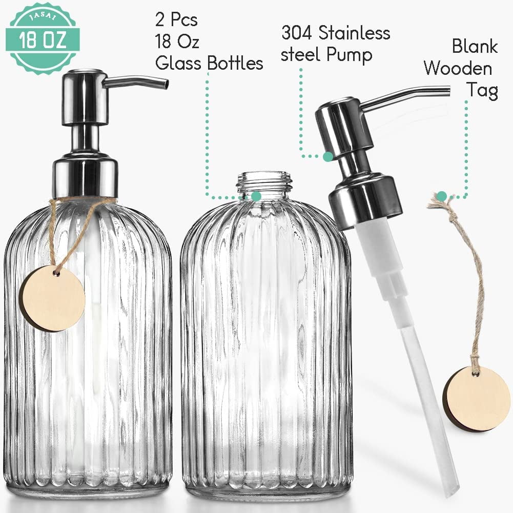 2PACK 18 Oz Glass Soap Dispenser with Rust Proof Stainless Steel Pump, Refillable Hand Soap Dispenser with Vertical Stripe, Premium Bathroom soap Dispenser for Kitchen & Bathroom