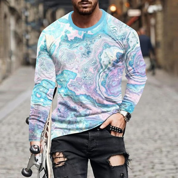 Meichang Long Sleeve T Shirt Men Graphic,Mens Graphic Tees Trendy 3D Optical Illusion Print T-Shirts Novelty Crew Neck Athletic Long Sleeve Shirts for Men