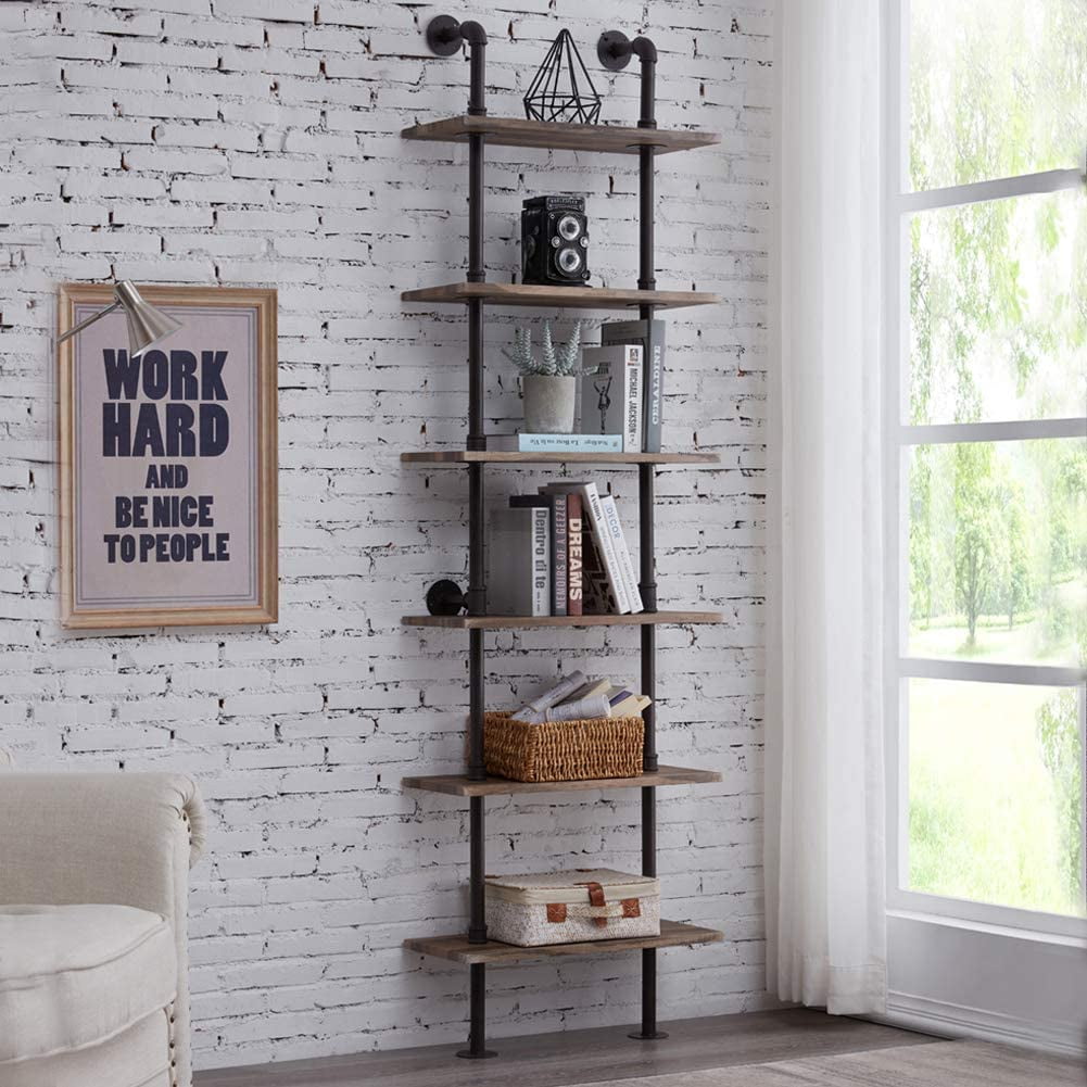 MyGift 4-Tier Industrial Metal Pipe & Gray Wood Wall Leaning Ladder Bookshelf 