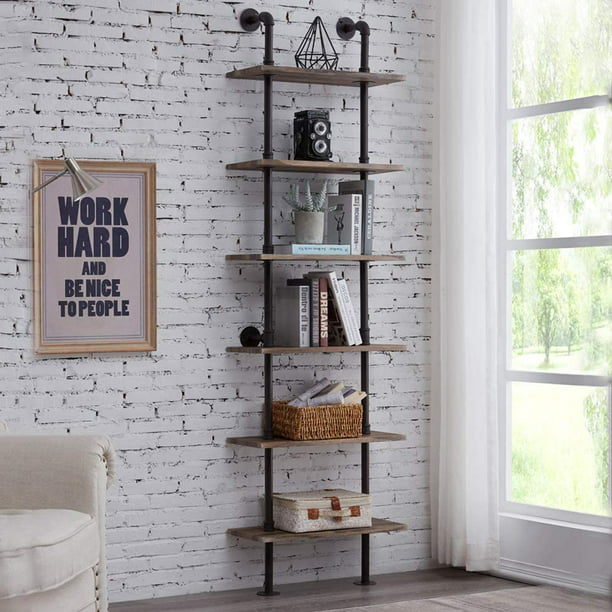Industrial 6 Tier Modern Ladder Shelf, Industrial Pipe And Wood Bookcase