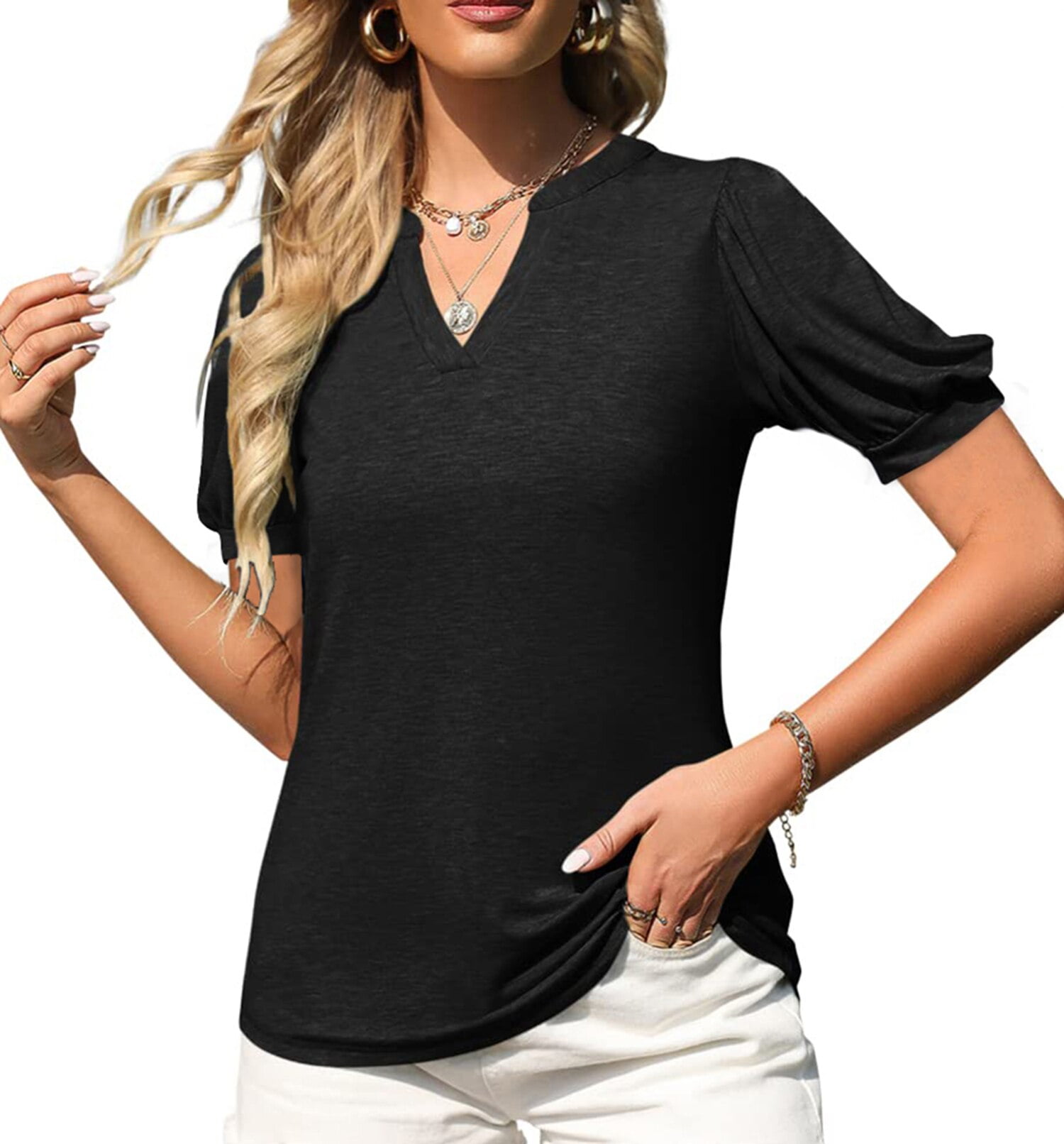 MOSHU V-Neck Womens T-Shirts Casual Puff Sleeve Summer Tunic Women Tops ...