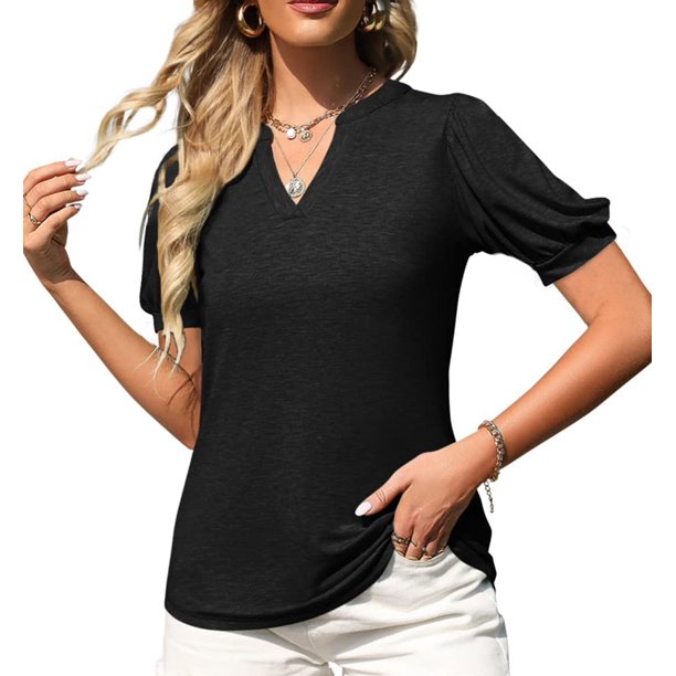 MOSHU V-Neck Womens T-Shirts Casual Puff Sleeve Summer Tunic Women Tops ...