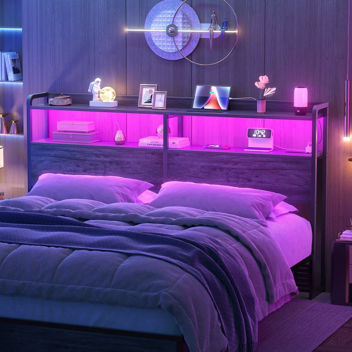 Homieasy Headboard for Queen Size Bed Frame, Headboards with Outlets, USB Ports and LED Light, Head Board with Storage, Height Adjustable, Sturdy and Stable Headboard, Black Oak