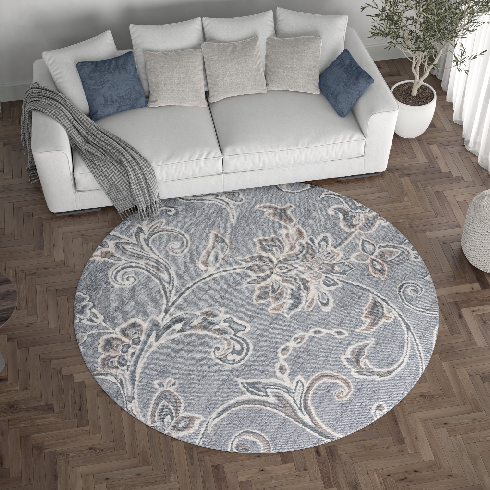 Madison Transitional 8' Round Gray and Cream Polypropylene Indoor Area Rug