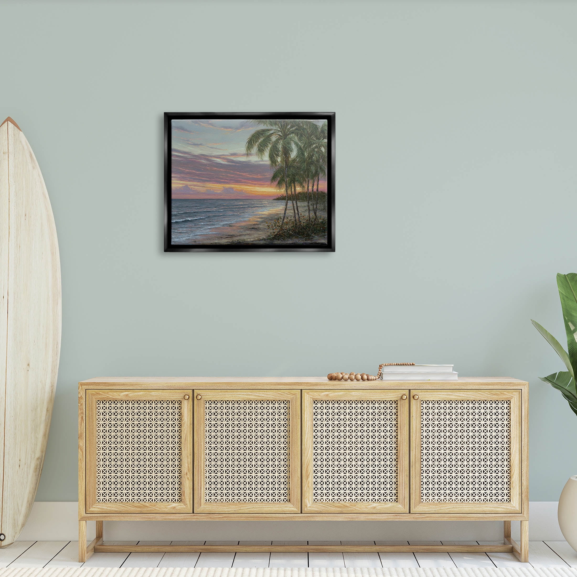 Summer Beach Palm Trees Coastal Painting Jet Black Framed Art Print Wall Art