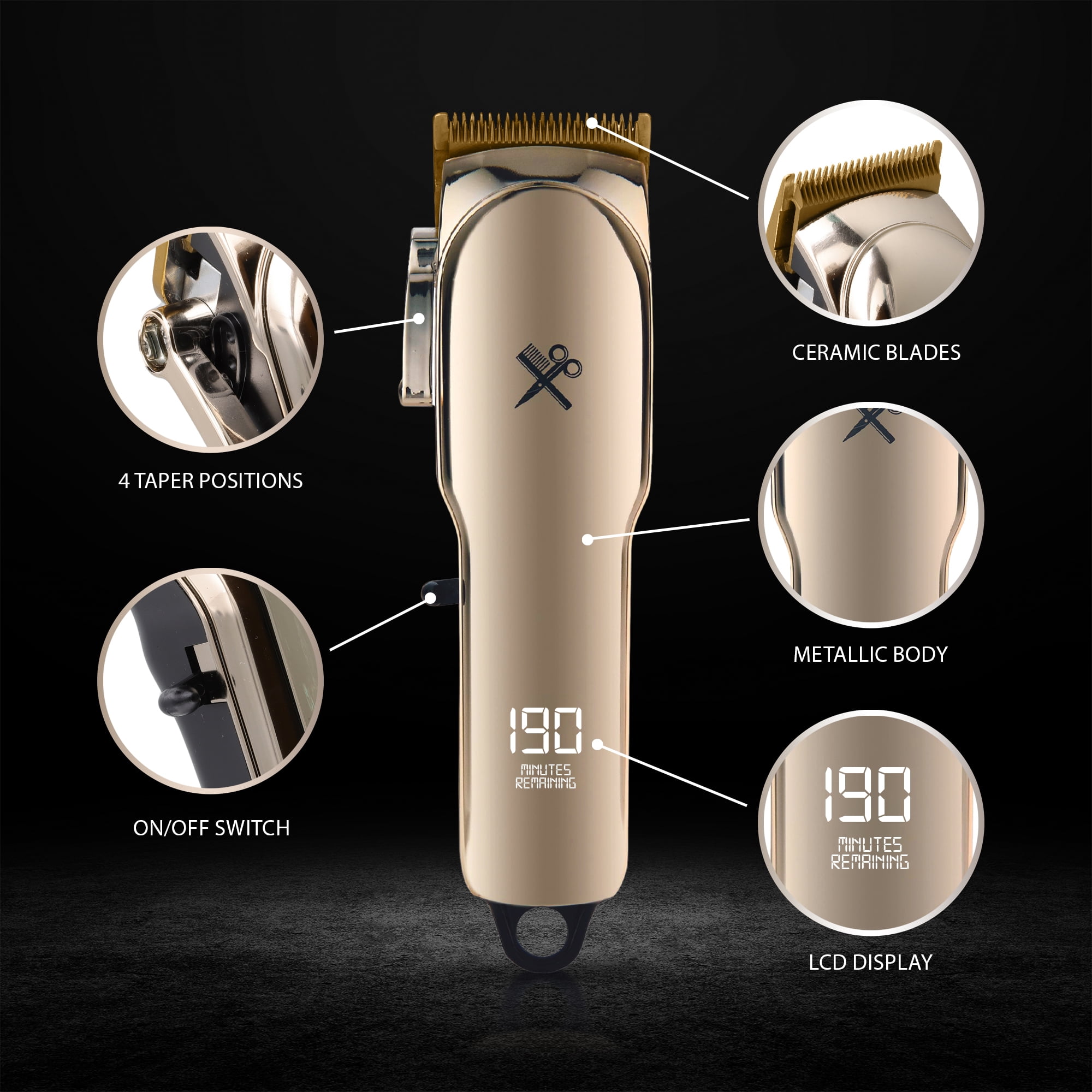 Cutting Edge Cordless Hair Clipper, Ceramic Blade, Adjustable Lever, 10 Guide Combs, LCD Display, Rechargeable