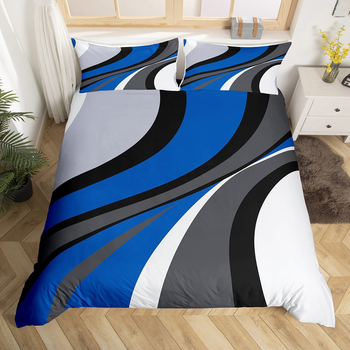 Royal Blue Geometric Duvet Cover Full Size, Modern White Grey Bedding