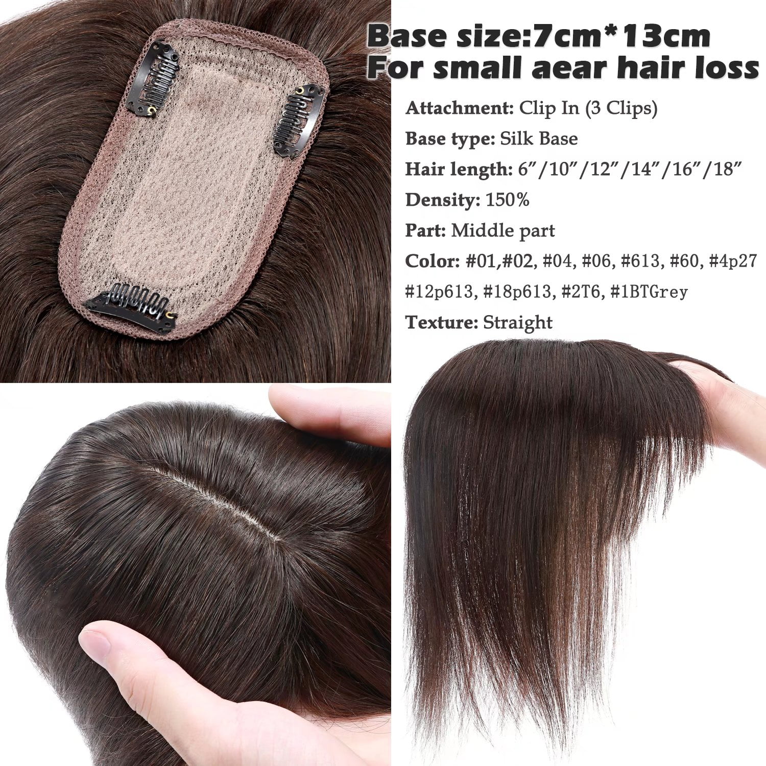 Benehair 100% Real Remy Human Hair Extensions Clip In Hairpiece with Bang Topper Toupee Women Hair Loss Silk Base Seamless 150% Density Brown
