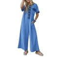 thumbnail image 2 of Summer Women Short Sleeve Button Down Casual Loose Wide Leg One Piece Jumpsuit, 2 of 6