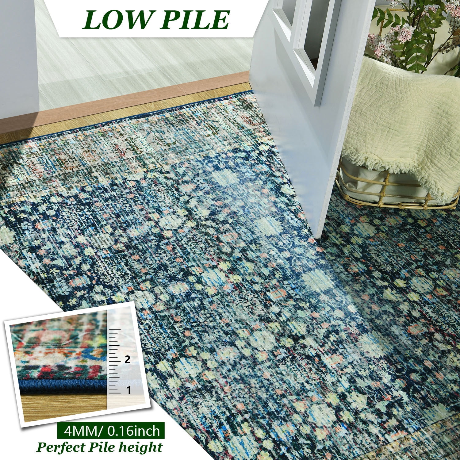 Wondo Floral Washable Rugs, 5x8 Area Rug for Living Room, Soft Large Boho Bedroom Rug, Botanical Non Slip Ultra Thin Floor Carpet for Dining Room Nursery Office, Yellow