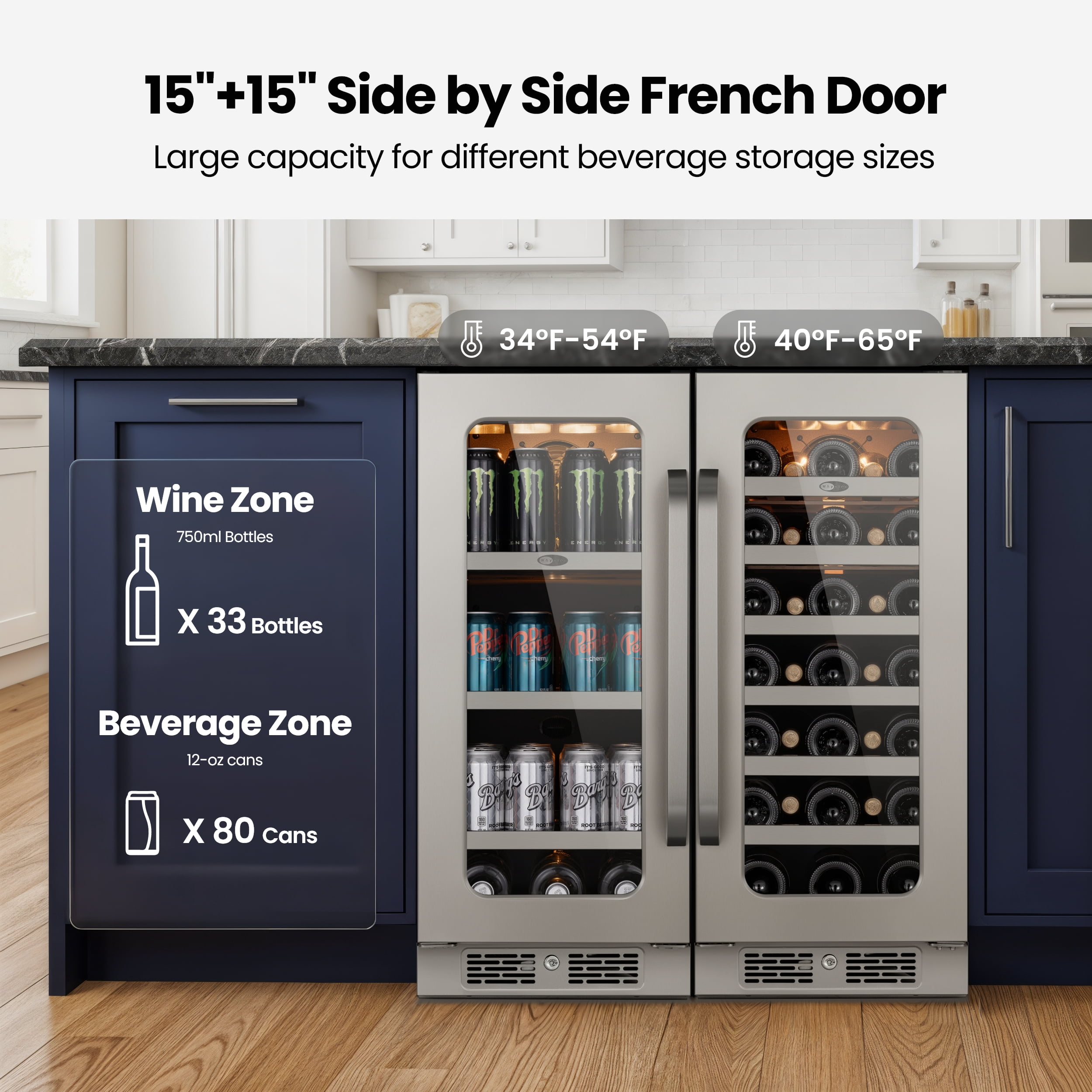 Whynter 30" Wine and Beverage Refrigerator,Two 15" Wine and Beverage Cooler Under Counter or Freestanding, Hold 33 Bottles and 80 Cans(Two Pack)
