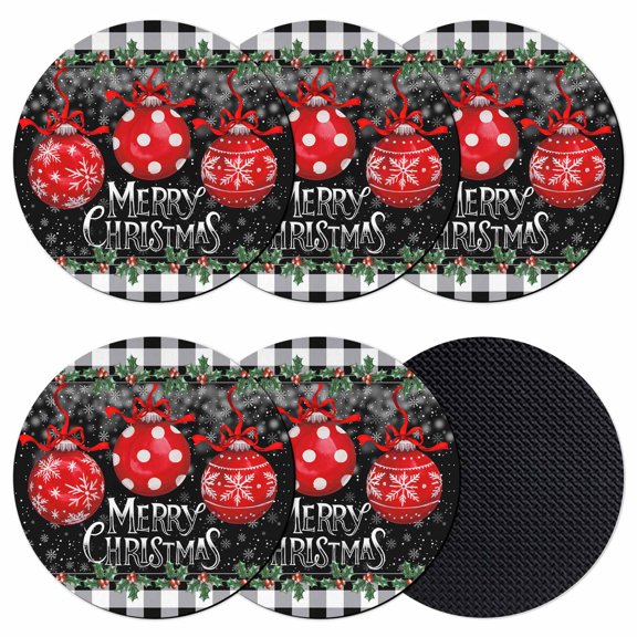 Merry Christmas Coasters Set of 6, Absorbent Coasters for Drinks, Red Xmas Balls Snowflake Black Plaid Coaster for Desk Coffee Table Protection, Home Decor House Warming Gifts 4"
