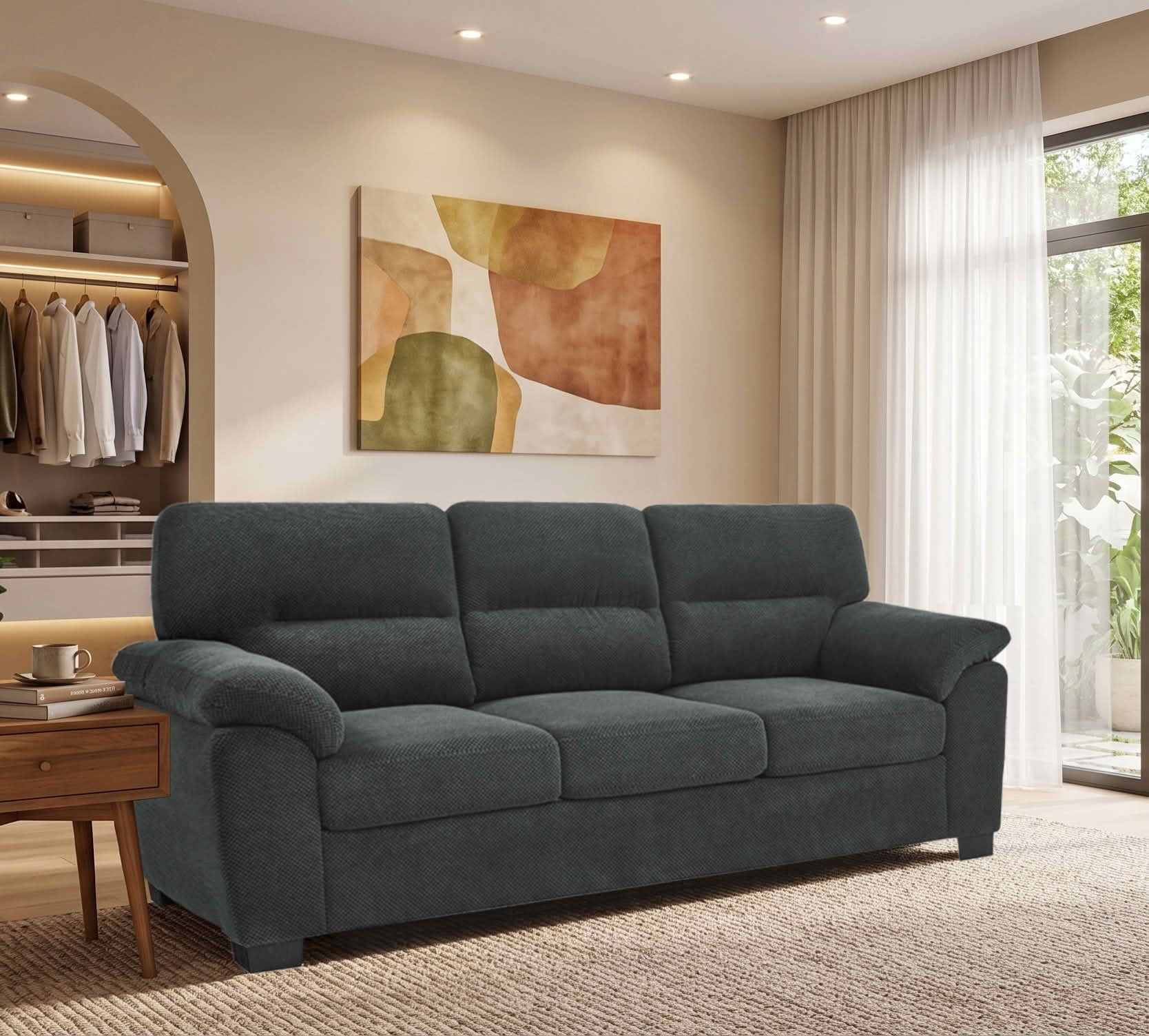 MAYEERTY 81 Inch 3‑Seater Sofa, Modern Textured Fabric Couch with Plush Track Arms & Solid Wood Frame for Living Room