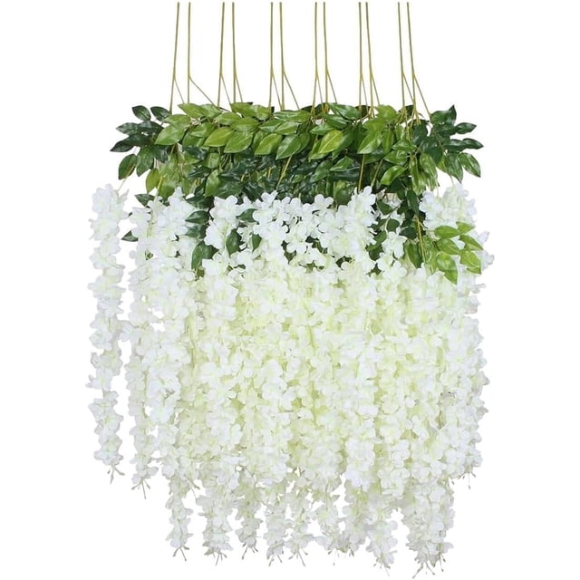 Flores Artificiales De Decoracion Glicina Colgantes De Wisteria para Jardín Exterior Hogar Fiesta Boda Plantas Artificiales Decorativas Flores Artificiales Realistas (Blancas 12 Piezas)