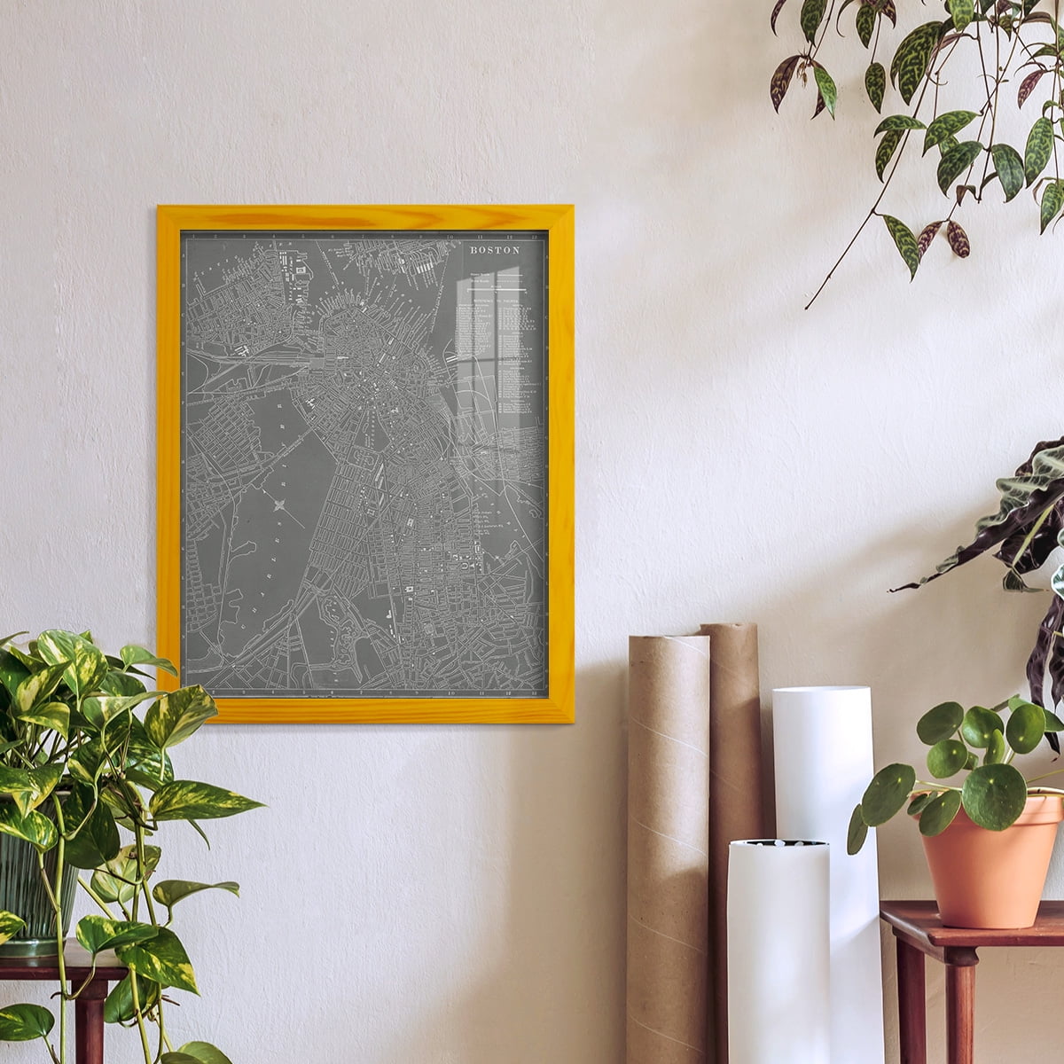 City Map of Boston -Framed Print w/glass-Sunflower Yellow