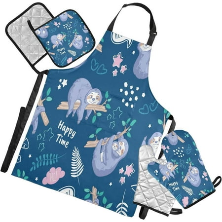 

Bestwell Rainforest Sloth Kitchen Apron Sets 1 Waterproof Apron with Pockets 2 Oven Mitts & 2 Pot Holders Kitchen Accessories Set Adjustable Strap for Kitchen Cooking