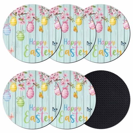 Happy Easter Coasters Set of 6 Absorbent Coasters for Drinks Spring Colorful Eggs Butterfly Teal Wood Grain Coaster for Desk Coffee Table Protection Home Decor House Warming Gifts 4