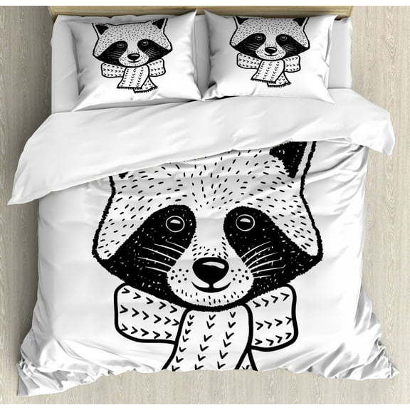 Hug Duvet Cover Set King Size, Outline Style Hand Drawn Raccoon with a Scarf and Hug Me Lettering, Decorative 3 Piece Bedding Set with 2 Pillow Shams, Charcoal Grey and White, by Ambesonne