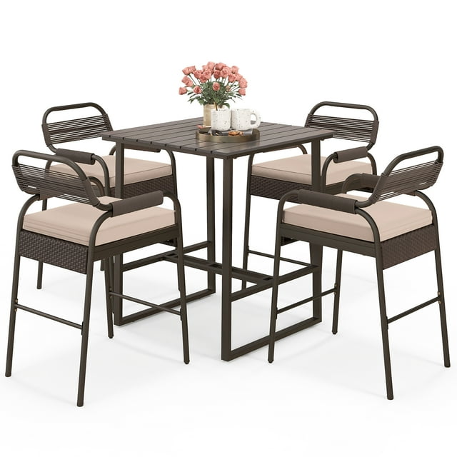 Gymax 5-Piece Patio Rattan Counter Set Counter Height Square Table w/ 4 Wicker Counter Stools