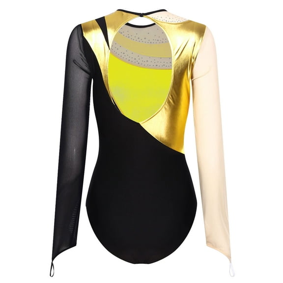 Raenseen Women's Metallic Glittery Modern Contemporary Dance Costume Long Sleeve Figure Ice Skating Gold L