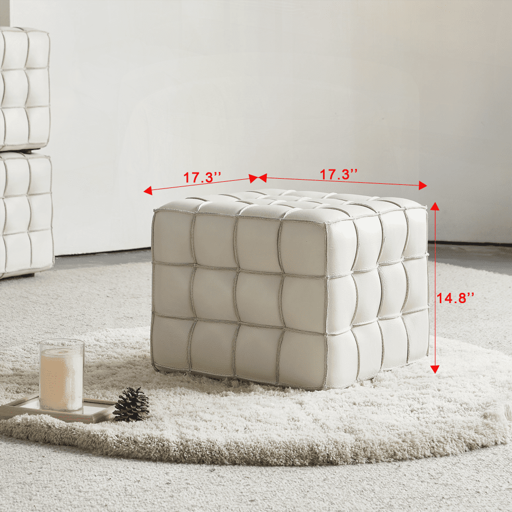 17.32''W Genuine Leather Tufted Ottoman for Living & Bedroom in Beige Color|Versatile Footstool as Extra Seat or Coffee Table