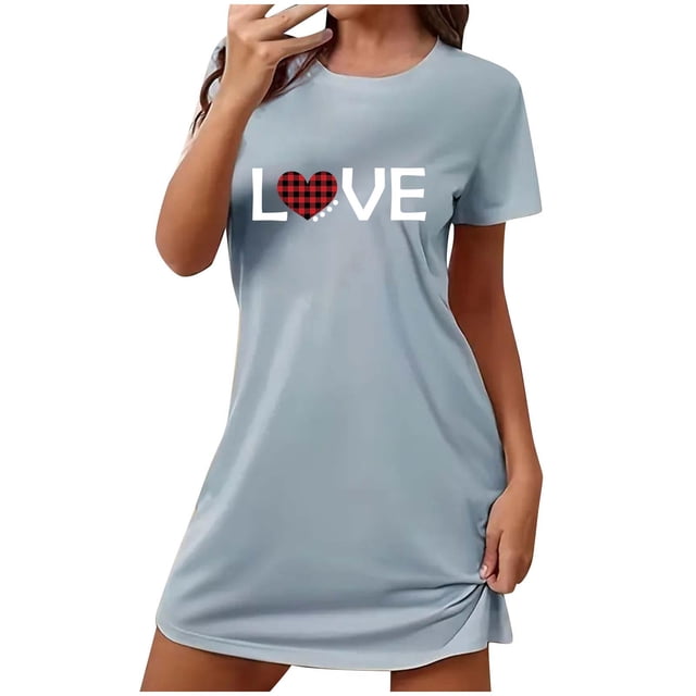 Chemises de Nuit pour Femmes Chemises de Sommeil en Coton Doux pour Femmes Chemises de Nuit à Manches Courtes pour Dormir Chemise de Nuit à Enfiler Douce Mignonne Imprimée Robe de Nuit Robes pour Femmes Vêtements de Nuit Robe de Pyjama Gris Foncé m