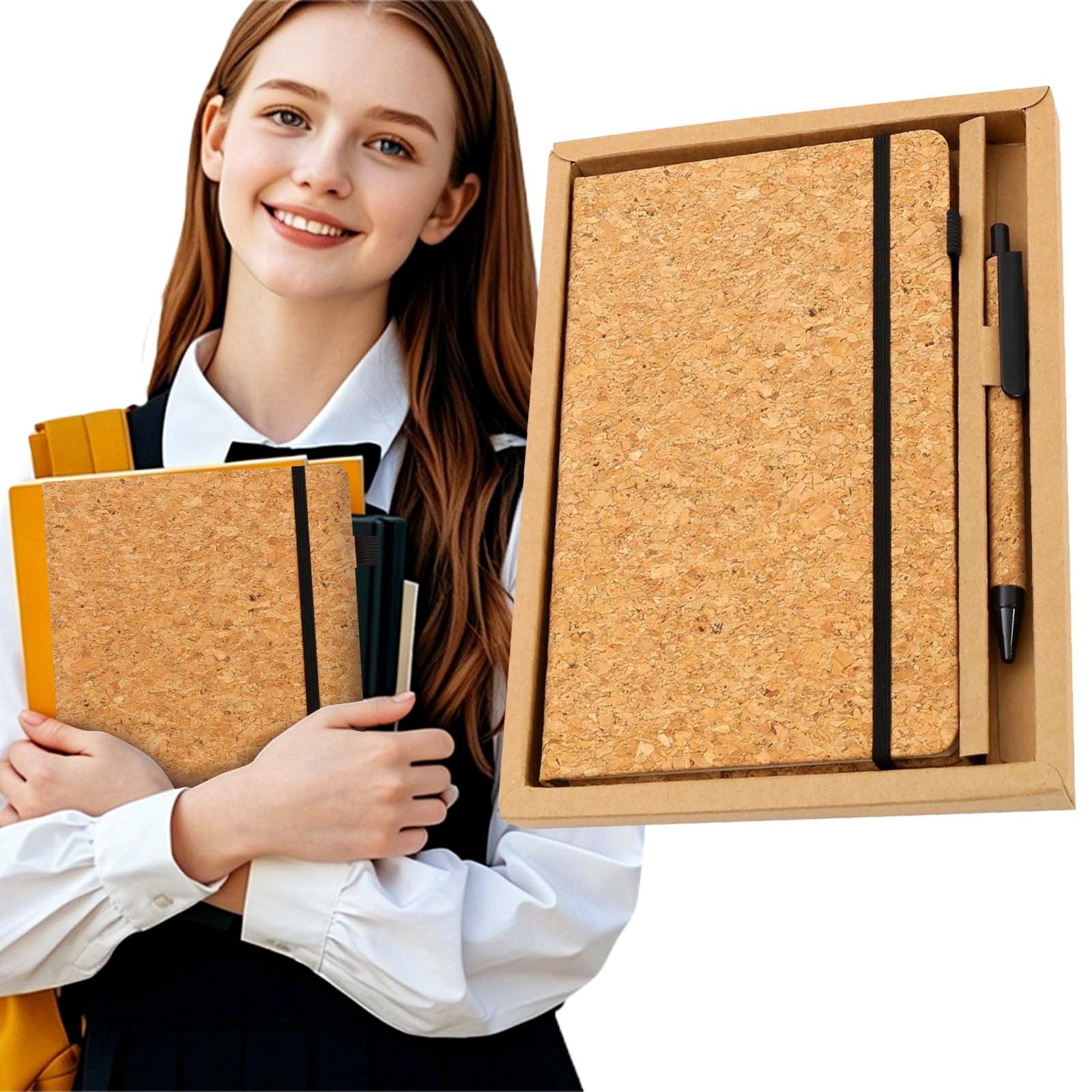 A5 Cork Fabric Notebook Kraft Paper Set Notepad-Cork Kraft Paper Set,Lined Journal Notebook with Cork Leather Cover and Pen,A5 Hardcover Notebook for Writing and Journaling (A)