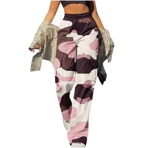 Fall Saving! HVOBTTY Women's Casual Long Cargo Pants, Women'S Elastic Waist Lace-Up Pocket Overalls Casual Tracksuit Pants Pink, M