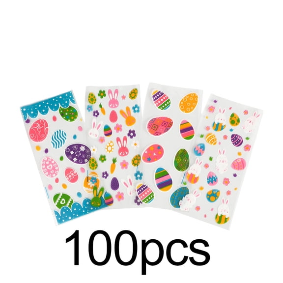 FEOLGEHLY 100 Pcs Easter Bunny Egg Transparent Candy Bags, Clear OPP Plastic Snack Packaging Bags with Twist Ties, Printable Favor Bags for Birthday Party Favors, Holiday Gift Wrapping