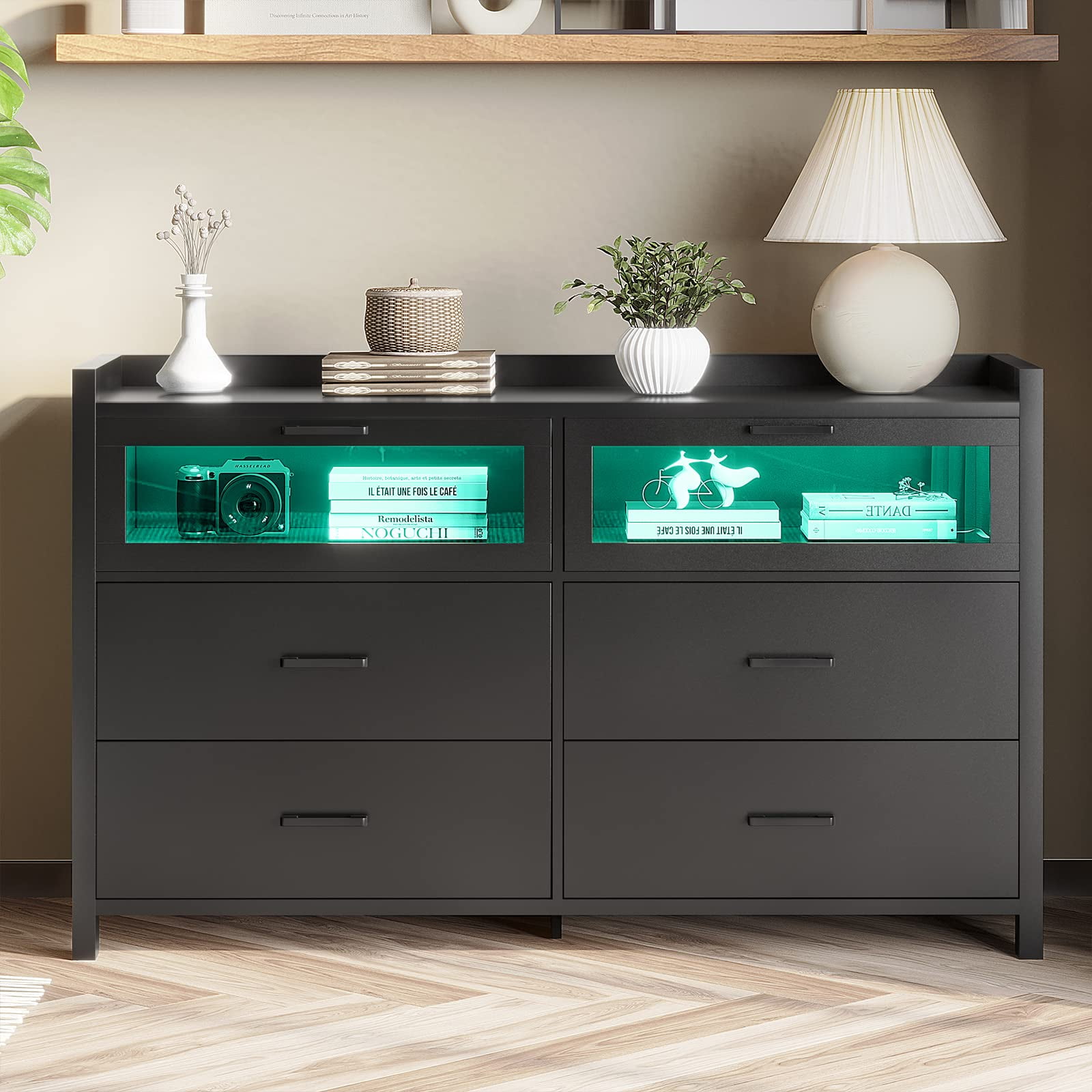 Black Dresser for Bedroom, 6 Drawer Dressers with LED Lights for