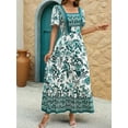 thumbnail image 6 of Women'S 2025 Summer Short Sleeves Boho Floral Print Tiered Casual Flowy Long Maxi Dress Green XL, 6 of 7