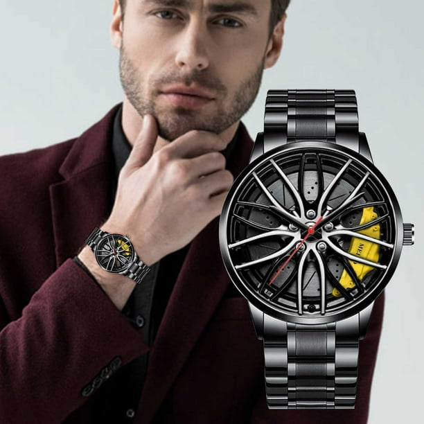 Reloj deportivo para hombres de color amarillo con forma de rueda de automóvil, reloj de moda para hombres, reloj automático con forma de neumático