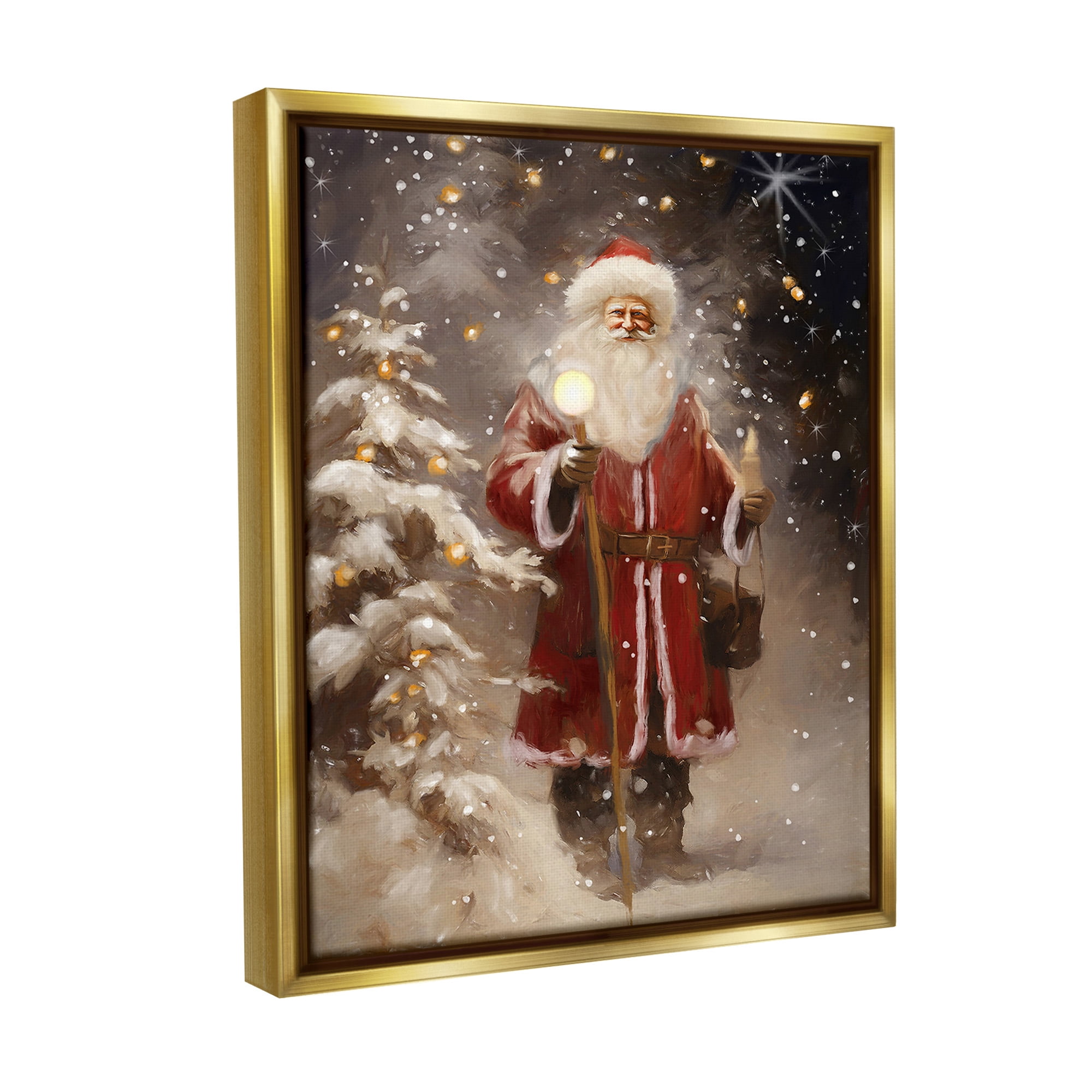 Stupell Industries Santa in Snowy Night Scene Holiday Painting Gold Floater Framed Canvas Art Print Wall Art, 17 x 21