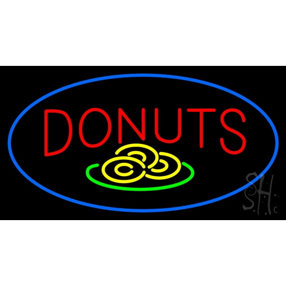 Donut Red and Logo Oval Blue LED Neon Sign 13 x 24 - inches, Clear Edge Cut Acrylic Backing, with Dimmer - Bright and Premium built indoor LED Neon Sign for restaurant window and interior decor.