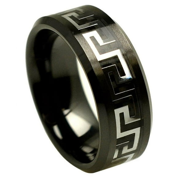 8mm Ceramic with Gun Metal Greek Key Over Black Carbon Fiber Inlay Wedding Band Ring For Men Or Ladies