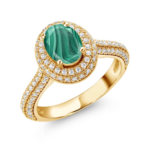 Gem Stone King 18K Yellow Gold Plated Silver Ring Malachite Moissanite (2.64 Cttw)